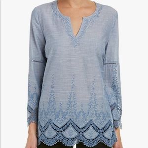 NYDJ Embroidered Chambray Crochet Trim Tunic